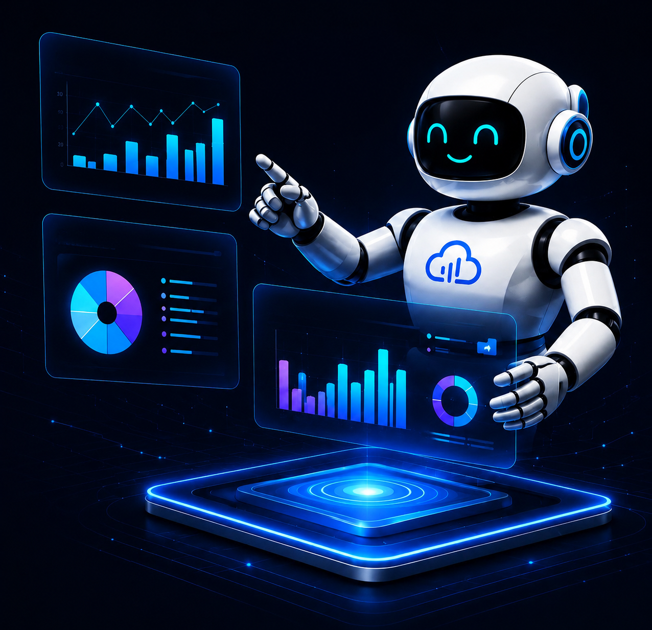 ERPCloud AI robot with dashboards